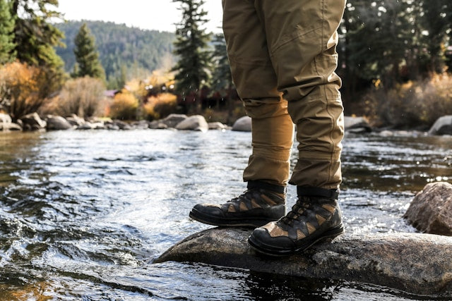 A person standing on a rock in a stream