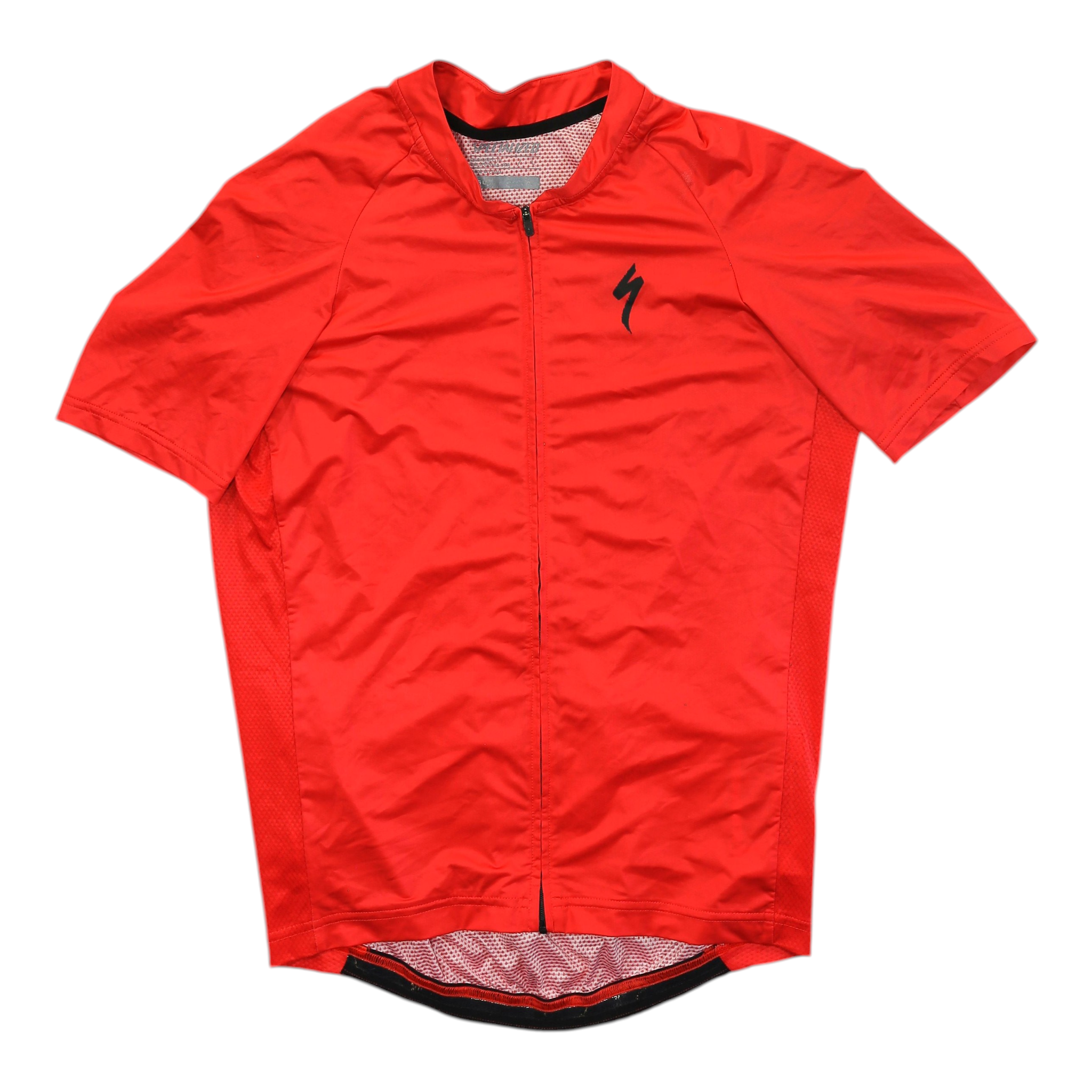 Men's red short sleeve cycling jersey, full zip with small lightning logo at chest