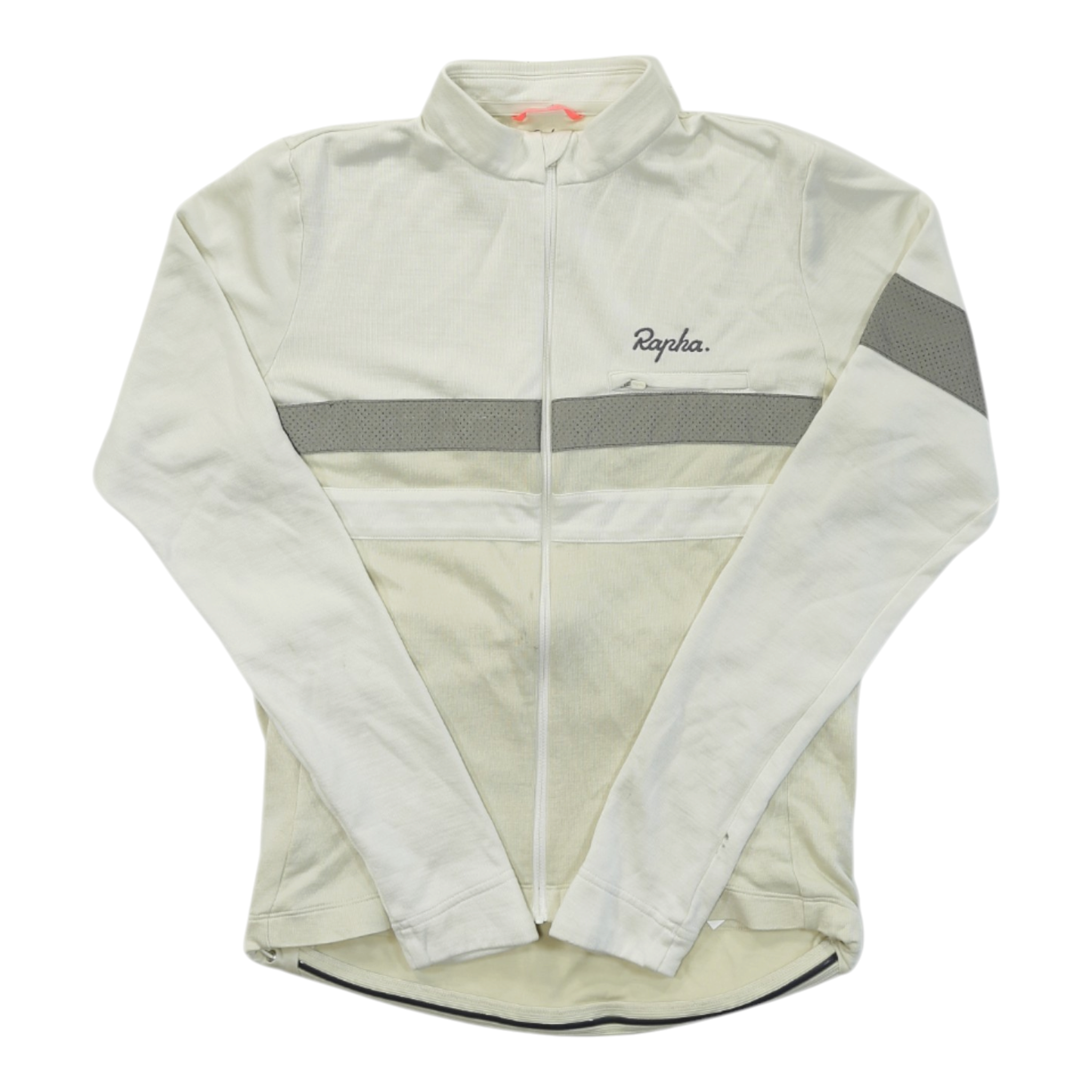 Men's long-sleeve cycling jersey, off-white with gray chest stripe, full zip