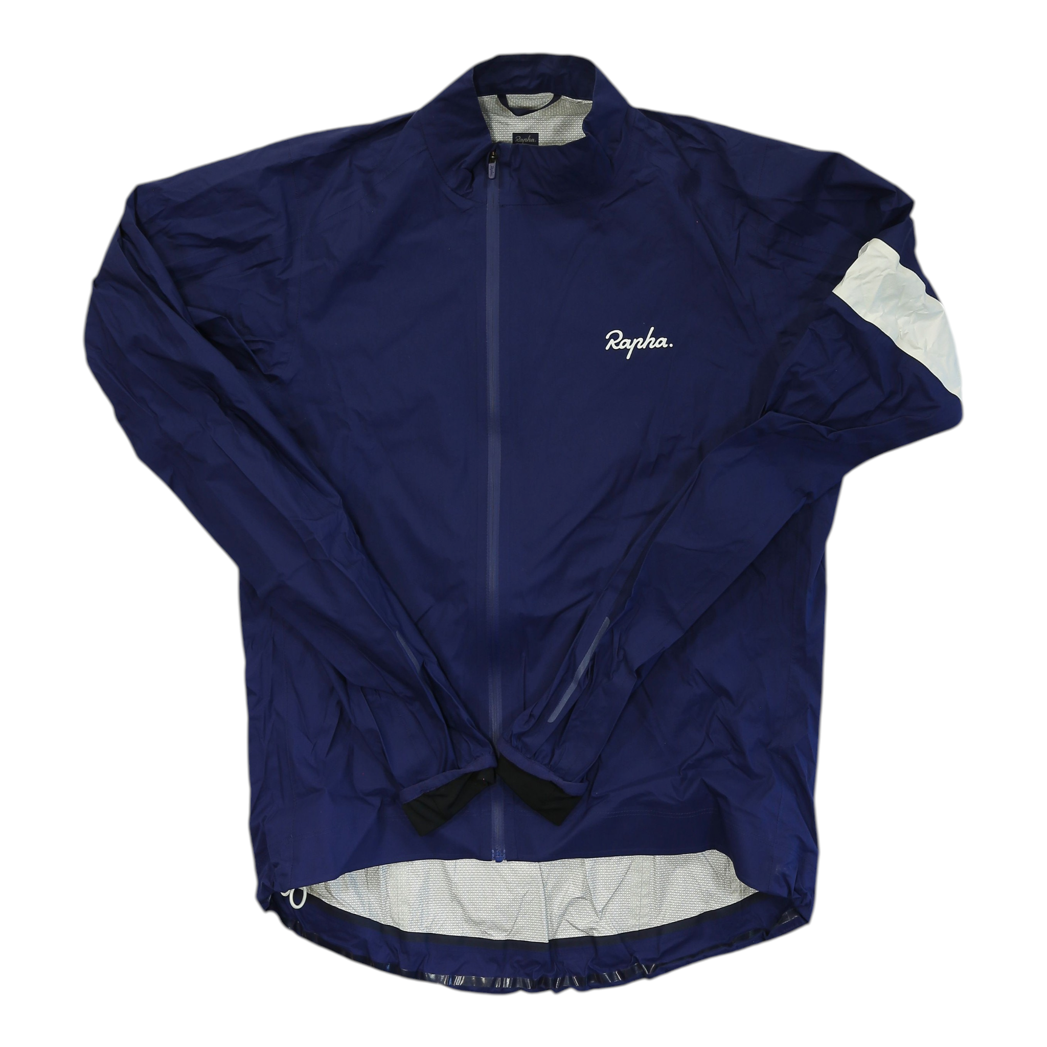 Navy blue hoodless rain jacket with full front zipper, long sleeves, and white side panel