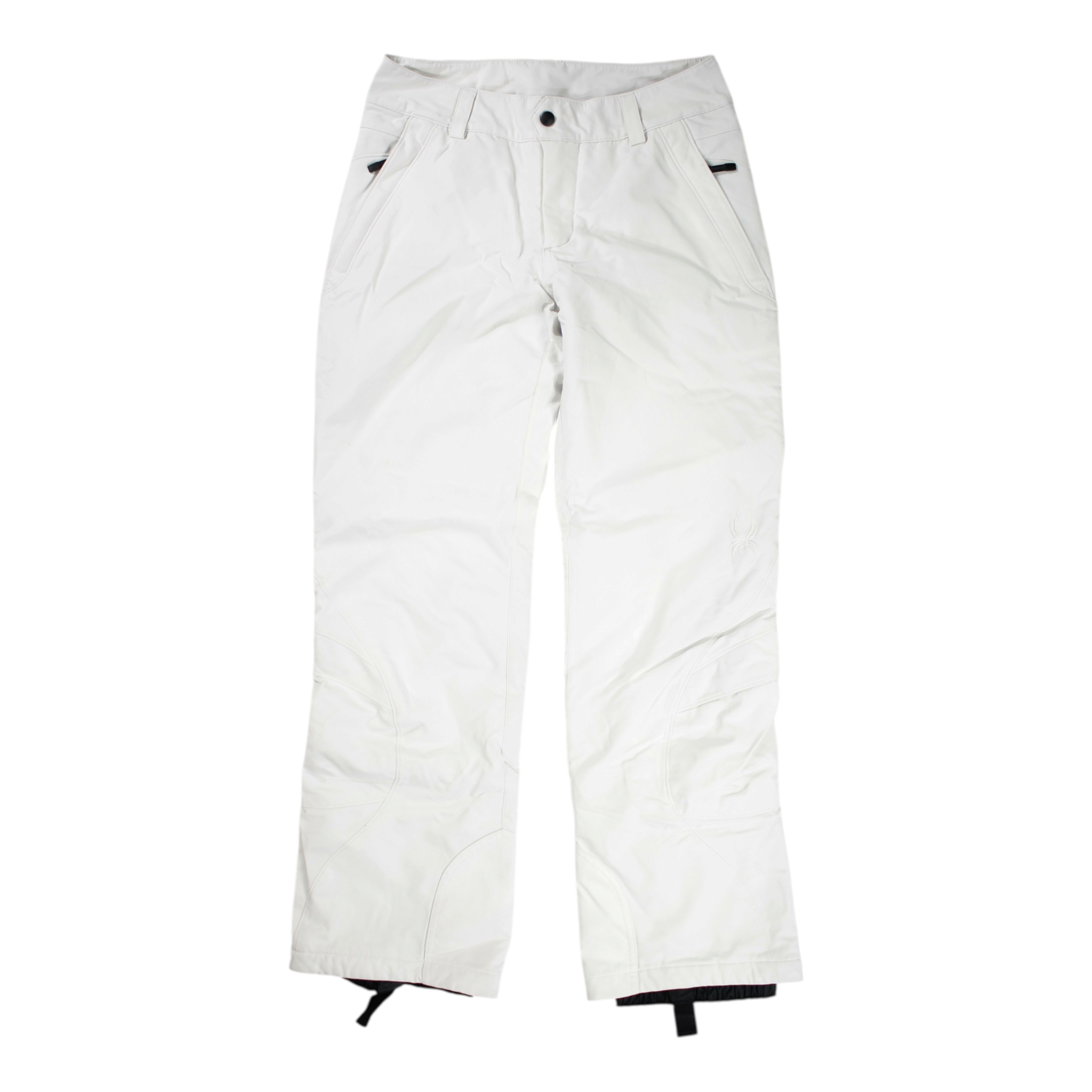 Women's white ski pants with zip fly, button waistband, and black snow cuffs