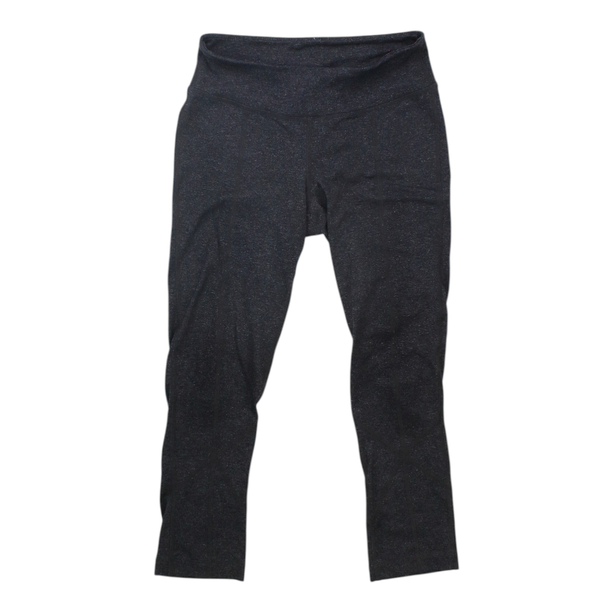 Prana women's leggings in dark gray speckled knit, elastic waistband, full-length slim legs