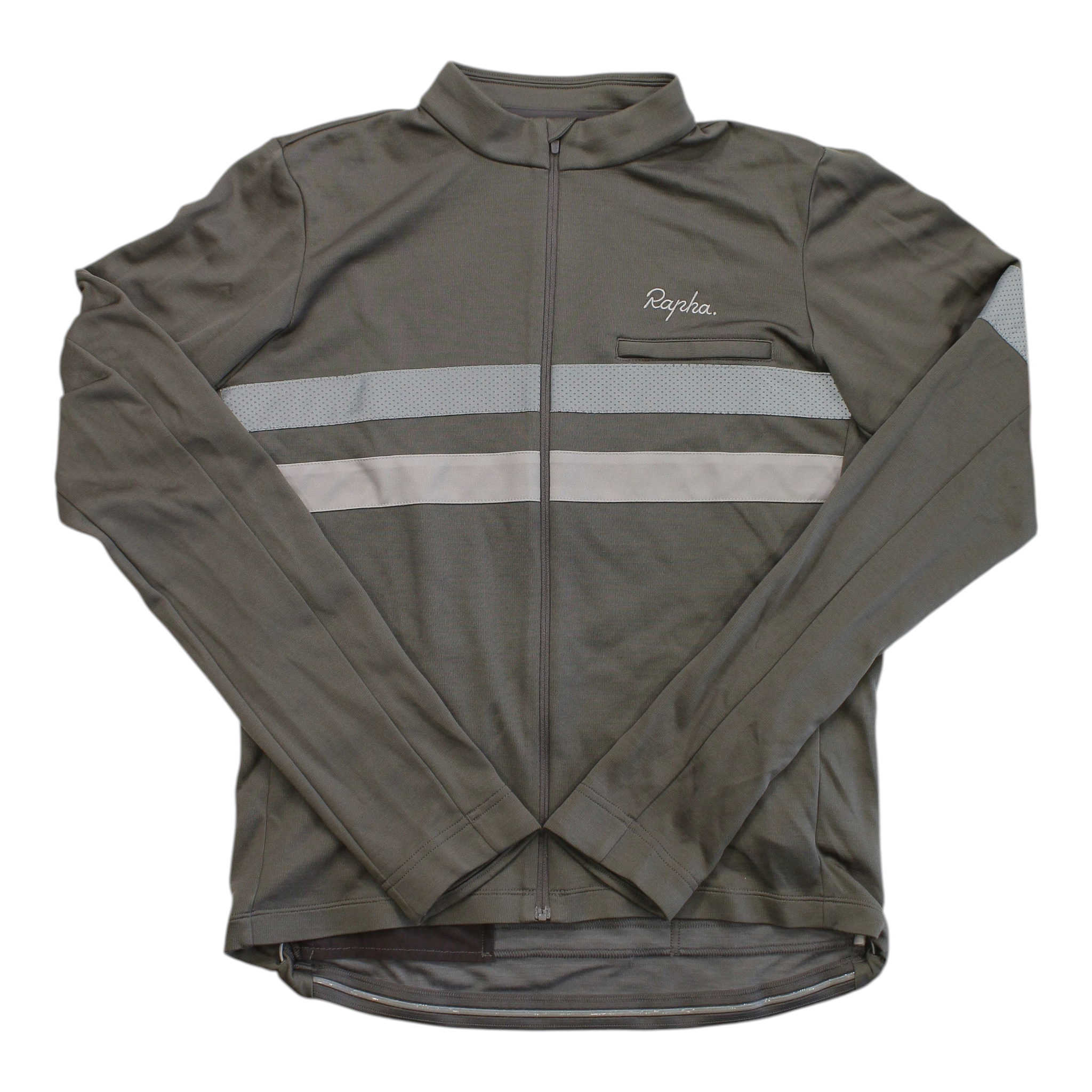 Men's long-sleeve cycling jersey, gray with light gray stripe across chest, full zip