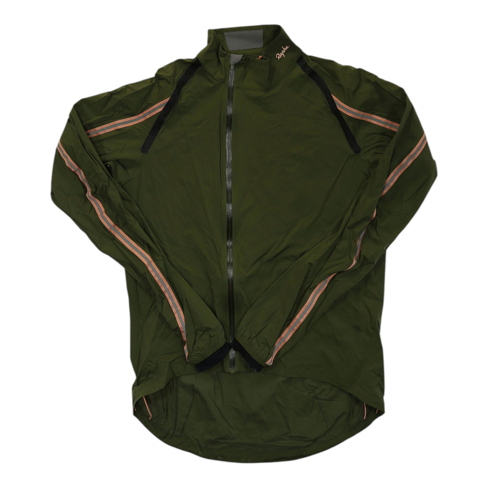 Men's olive green wind jacket with pink-and-cream piping and full-zip front