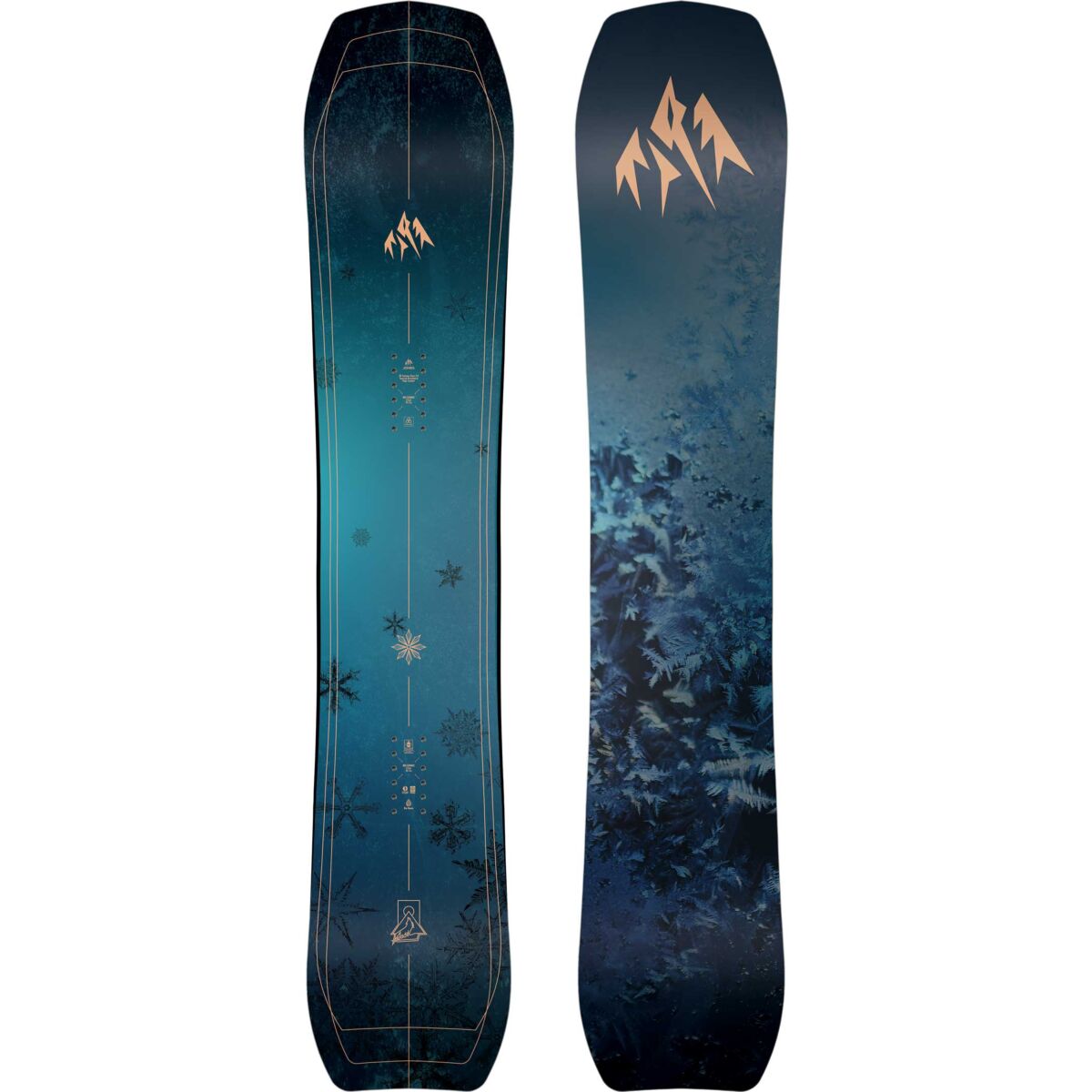 Women's snowboard deck in dark blue with mountain and snowflake graphics