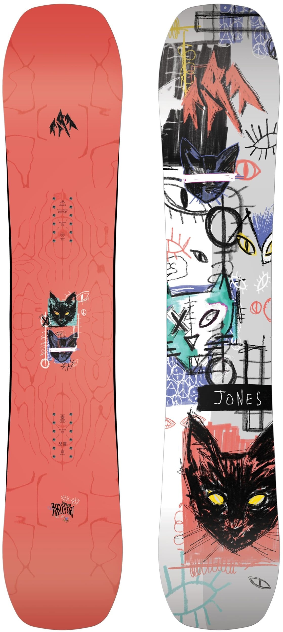 Graphic snowboards: orange cat board and multicolor cat street-art board