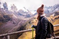 A woman looking at mountains from a trail bridge