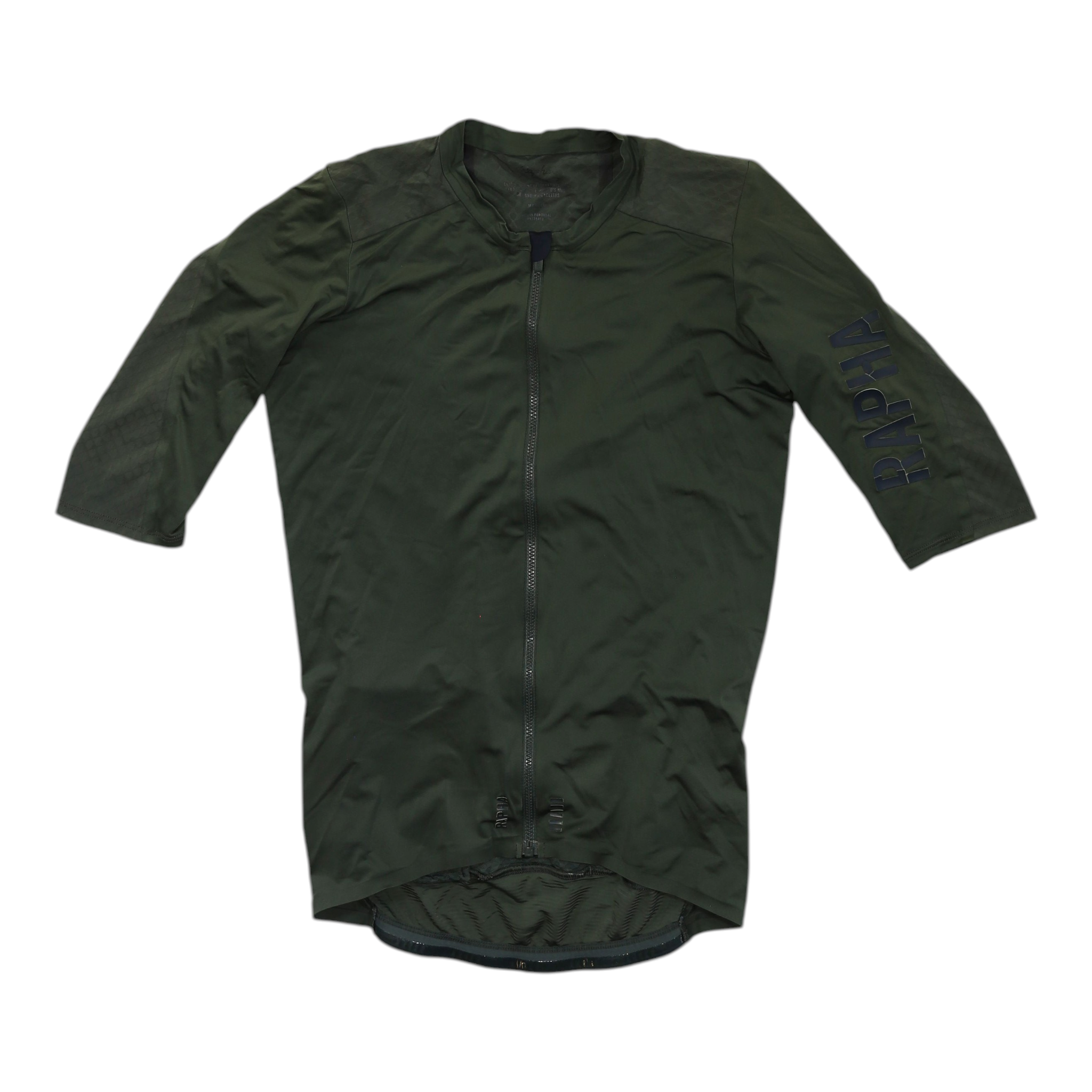 Men's olive green cycling jersey, full-zip front, short sleeves with dark sleeve text.