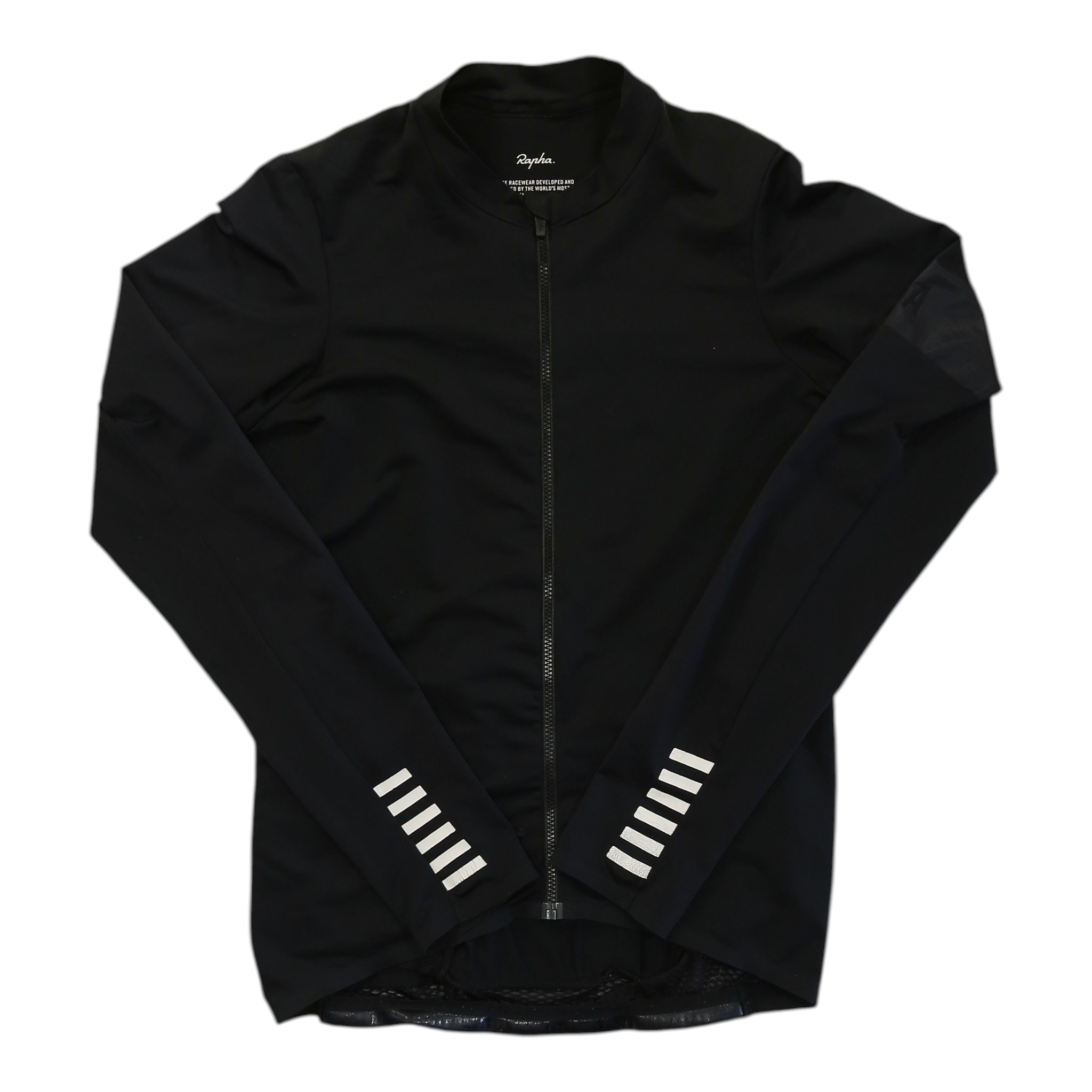 Men's black long-sleeve cycling jersey with full-zip front and striped sleeve graphics.