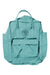 The Re-Kanken is a light teal Fjällräven eco-friendly backpack made from recycled materials with two top handles, a front zipper pocket, and side sleeves, shown against a white background.