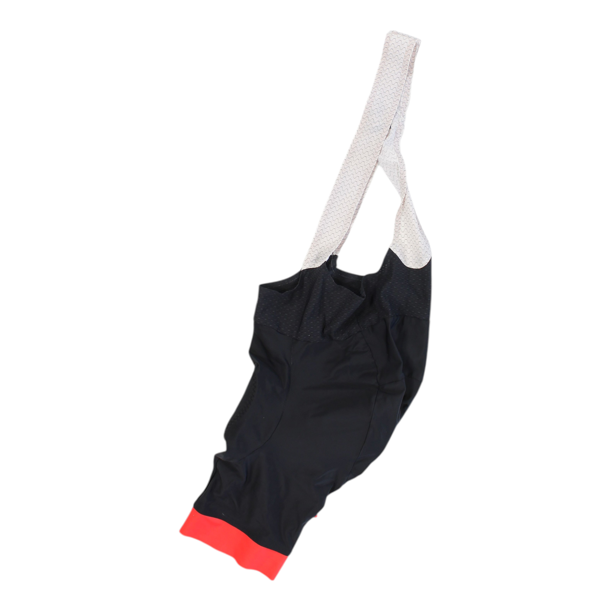 Mens black cycling bib shorts with white mesh straps and red hem panel
