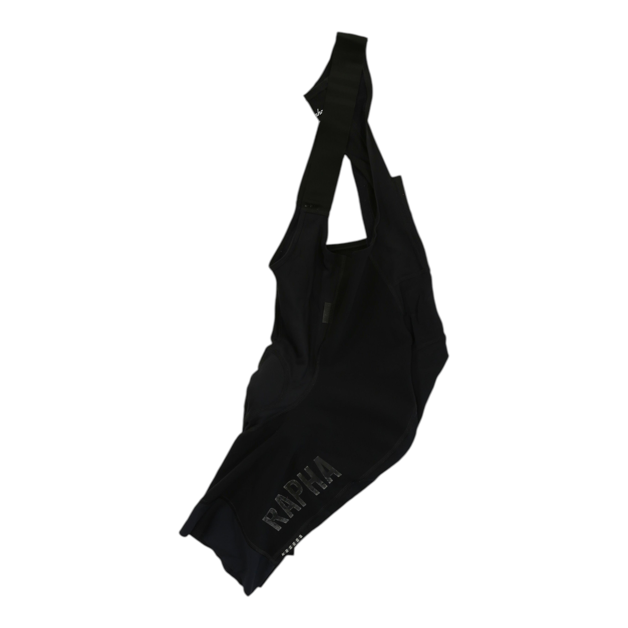 Black thermal bib shorts with small chest logo and RAPHA lettering on leg.