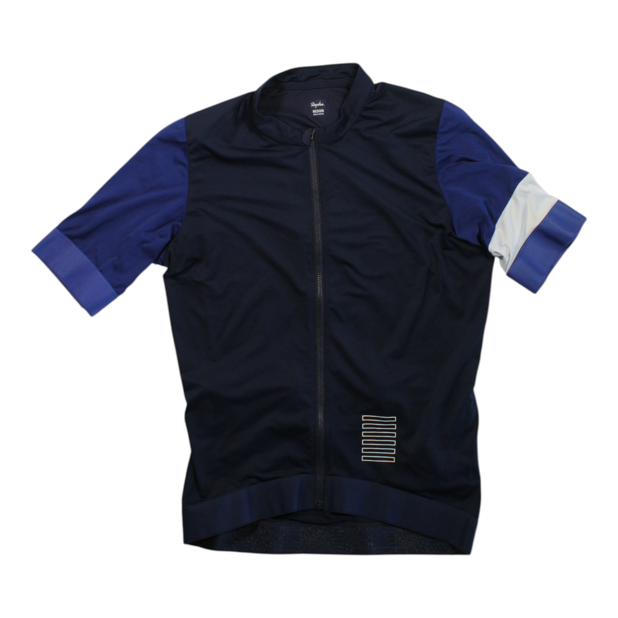 Black short-sleeve cycling jersey with full-zip front and blue sleeve color blocks