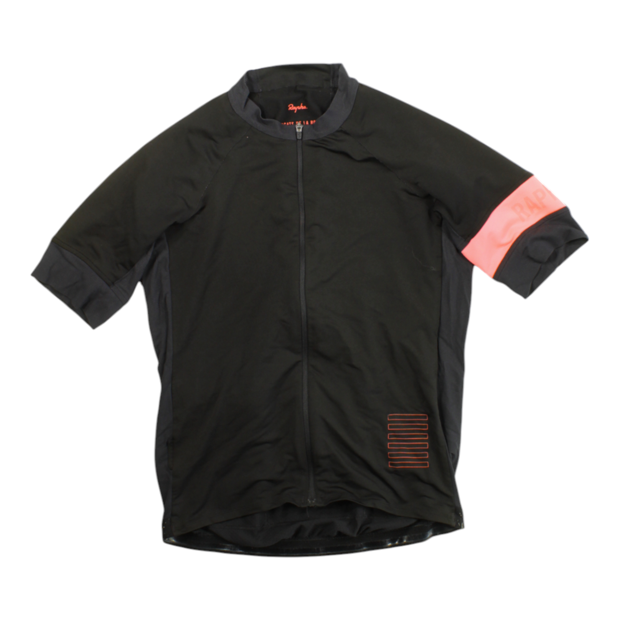 Black short-sleeve cycling jersey with full-zip front and orange accent chest stripe