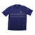 Blue technical T-shirt with crew neck, short sleeves, and horizontal stripe graphic across chest