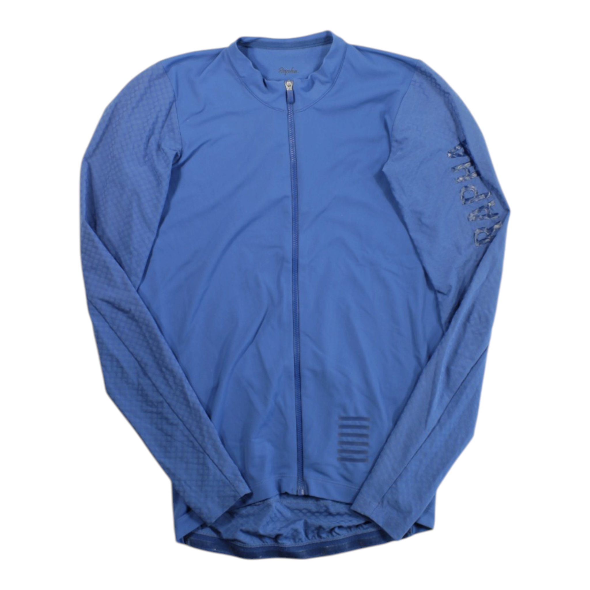 Light blue long-sleeve cycling jersey with full zip and stand collar, side logo marks.