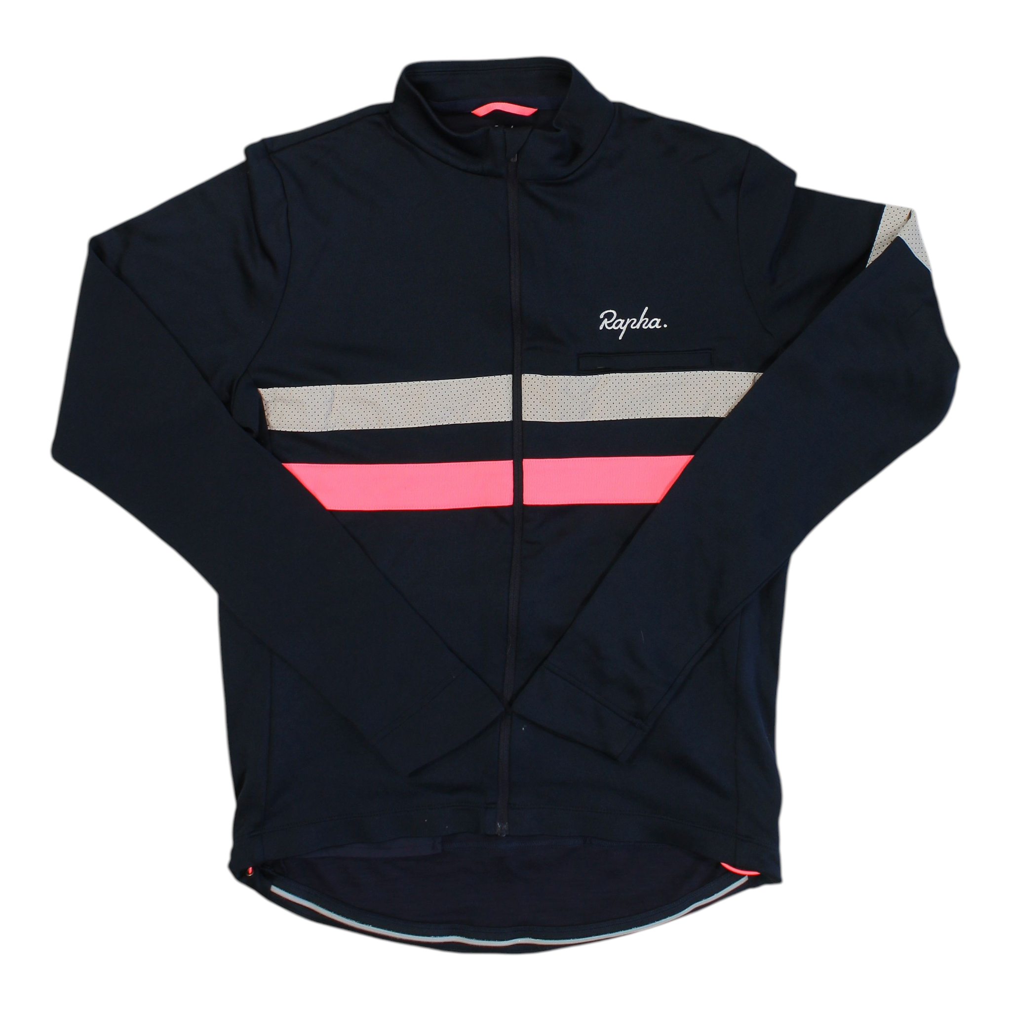 Men's long-sleeve cycling jersey, full-zip, black with white and pink stripe accents.