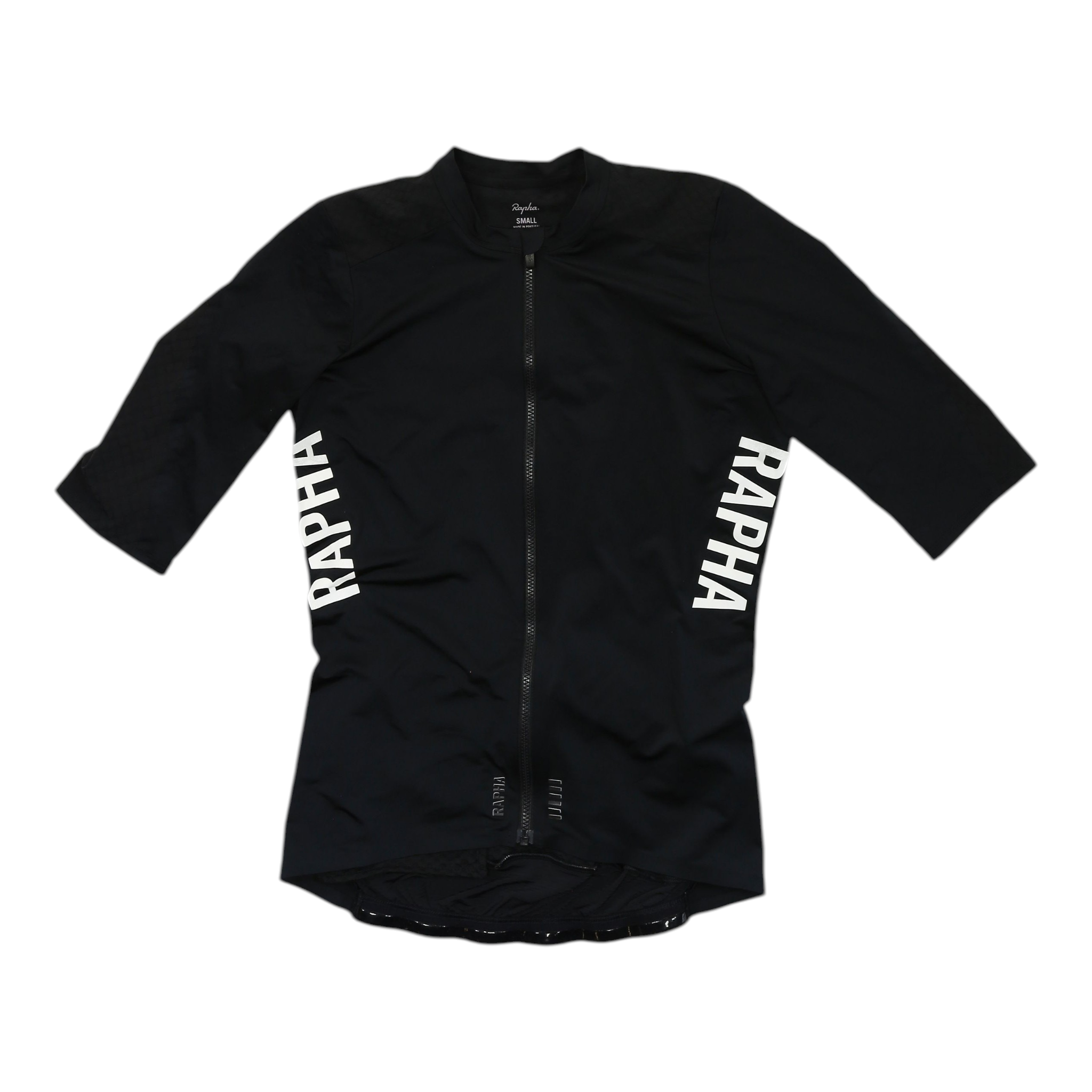 Women’s Rapha Pro Team Aero cycling jersey, black with vertical Rapha side print, full zip
