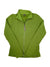 The Dry Release Fleece Zip Up is a green jacket with a high collar and long sleeves, ideal for hiking or outdoor adventures. Laid flat on a white background, it features visible side seams and a zip-up front.