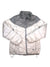 The Women’s Micro Ratio Down Jacket is a lightweight, quilted down jacket with a high collar, zipper front, chevron color blocks in light gray and white, insulated for warmth, and features adjustable drawstring hem for comfort.