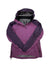 A purple and dark violet Womens Pertex Shield Shell Jacket is shown flat with arms crossed, highlighting its water-resistant design, front zipper, adjustable hood, and visible inner lining.