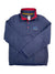 A blue Men's Diamond Quilt Snap-T Pullover by Patagonia, featuring a red collar lining, three neck snaps, and a logo patch on the left chest. Made with recycled insulation, shown flat with sleeves crossed.