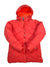 The Kids' Val D'Sere Insulated Jacket is a red waterproof girls ski jacket with a hood, front zipper, diagonal stitching, two zippered pockets, and an orange hood lining. Displayed flat for a clear view of its design.