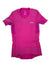 A vibrant pink S Lab Trail Running Shirt with textured patterns, a visible Salomon logo on the chest, and reflective details on the left sleeve is laid flat on a white background.
