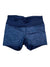 The 4 Inch Studio Short features a navy blue color with a dark blue waistband and an abstract wavy line pattern, designed for indoor cycling with enhanced compression and moisture transfer, shown on a white background.