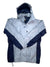 The Soft Shell Snow Skirt Jacket by Helly Hansen comes in light gray and navy blue with a hood, front zipper, button closure, side pockets, and dark blue stripes on the sleeves and sides for a sleek look.