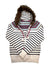 Stay cozy on chilly days in the Faux Fur Full Zip Hooded Knit Sweater, featuring white and navy stripes, a colorful patterned chest, a fur-lined hood with drawstrings, front zip closure, and ribbed cuffs and hem.