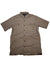 The Onward Short Sleeve Shirt is a men's light brown, short-sleeved, button-up outdoor shirt with subtle vertical stripes and two chest pockets, displayed flat on a white background.