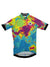 The Heat Map Cycling Jersey is a pro-level short-sleeved cycling top with a blue, yellow, red, and green topographic map design, black cuffs, and distinctive patches on the chest, sleeves, and collar.