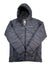 A Columbia Line Print Omni-Heat Jacket in dark gray, featuring a hood, full front zipper, horizontal quilting, side pockets, and thermal reflective lining, is shown against a white background.