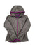 The Womens Dena Jacket is a gray ultralight insulated Marmot jacket with recycled fill, front zipper, purple trim on the edges, cuffs, and hood, plus Angel-Wing Movement for mobility—all shown on a white background.