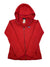 The Womens Better Sweater Full-Zip Hoody is a red recycled polyester fleece jacket with a hood, long sleeves, front pockets, and a chest logo. It’s shown laid flat with its tag attached to the zipper.