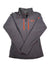 The Men's Hueco Soft-Shell Jacket in dark gray features orange zipper accents, an orange logo, two chest pockets, and two side pockets. Displayed on a plain white background.