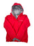 A bright red Columbia Women's Ponderay Insulated Jacket with gray Omni-Heat reflective lining and zippered pockets is laid flat on a white background, featuring the visible chest logo.