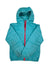 The Kids' Flash Forward Hooded Down Jacket in teal features a red zipper, hood, water-resistant fabric with visible stitching, and the Columbia logo on the chest, displayed flat against a white background.