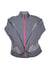 The Women's Mighty Power Hybrid Jacket features a high collar, long sleeves, front zipper with pink stripe, heather gray side panels, and wind-resistant lightweight material for a stylish and functional look.