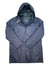 The Mens Pacific Insulated Rain Coat in navy blue features a tartan plaid lining, button front, side pockets, and a waterproof hood with a white drawstring. Displayed flat on white, the coat shows its visible brand label inside.