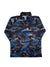 The Boys Limitless Camo T-Neck, featuring a zip T-neck, high collar, moisture-wicking fabric, and a blue, black, and gray camo print, is shown laid flat on a white background.