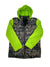 The Boys Mt Elbert Jacket is a kids insulated, water-repellent jacket with neon green sleeves and hood, plus a camo-patterned body in green, black, and brown. The jacket is shown flat on a white background.