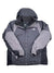 The VORTEX TRICLIMATE JACKET is a gray and black hooded ski jacket from The North Face, featuring a zip-up front, left chest logo, and 3-in-1 insulated design for cold weather.