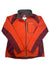 A red and maroon Columbia Mens Landfish Soft Shell Jacket with full zipper, zippered chest pocket, and high collar is laid flat on a white background. This breathable softshell is ideal for outdoor activities.