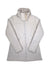 The Womens Arctic Quilted Jacket features a white, long-sleeved design with a high collar, three large neck buttons, front zipper closure, and subtle seam detailing for cozy winter style.