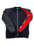 The Mille Jacket is a black winter cycling jacket featuring a dark gray left sleeve, red and black right sleeve with white logos, a front zipper, and high collar—perfect for cold weather rides.