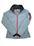 A light gray Womens Titanium Softshell Jacket by Columbia featuring omni-heat thermal insulation, red zippers, a high collar, and a zippered left-sleeve pocket, shown flat on a white background.