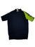 The Short Sleeve Mille Jersey is a short-sleeved Assos cycling jersey with a black body, bright green right sleeve featuring a bold black and white graphic, full-length front zipper, and stand-up collar.