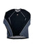 The Mens Crew Neck LS Jersey is a long-sleeve cycling top with a black body, dark gray sleeves, light gray piping on the seams, and a small red and white chest logo—ideal for off-road adventures.